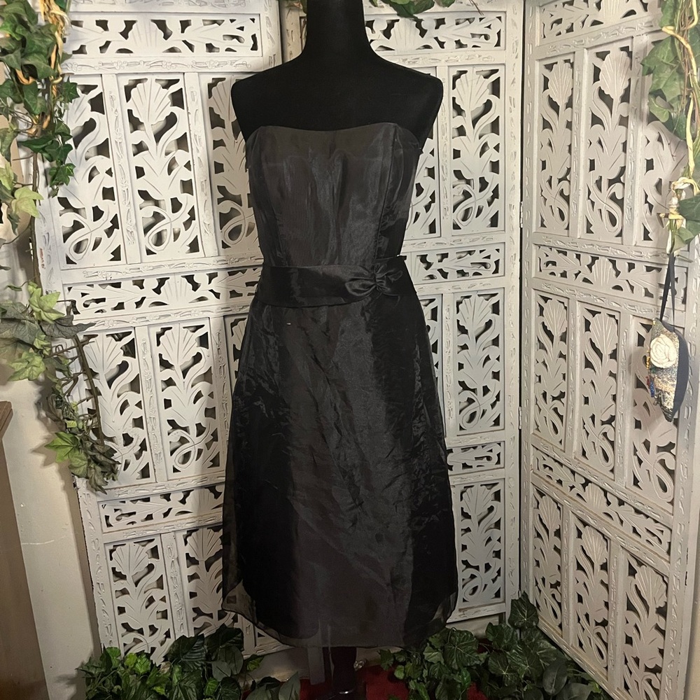 GIRLS MORI LEE CLASSY BLACK SATINY OVERLAY WITH RIBBON STRAPLESS FORMAL DRESS